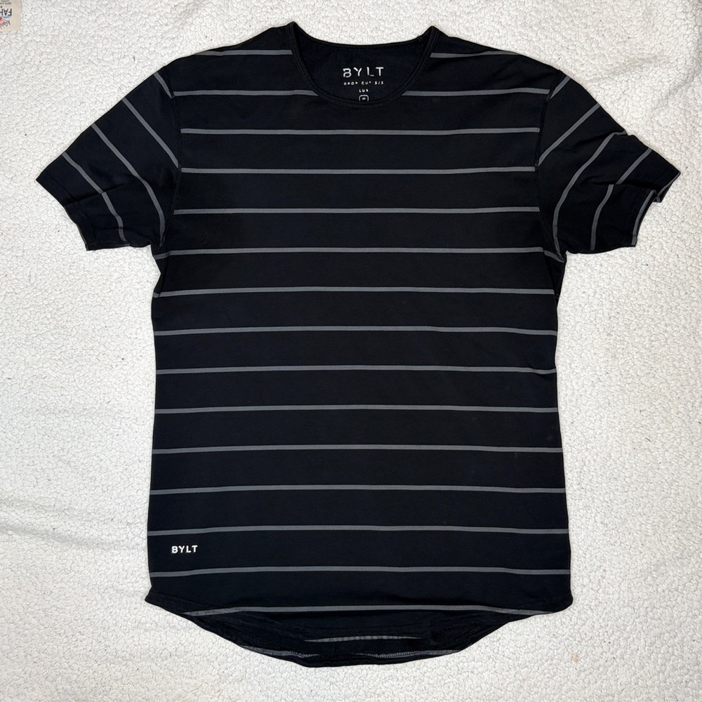 BYLT Lux Black Striped Drop Cut T-Shirt: Size Medium